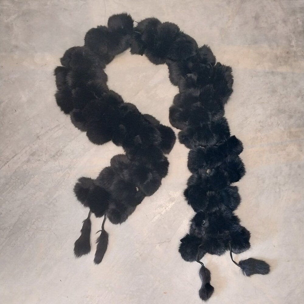 100% Genuine Rabbit Fur Scarf Black Long 71" x 7" Pompons Tassel Authentic Soft